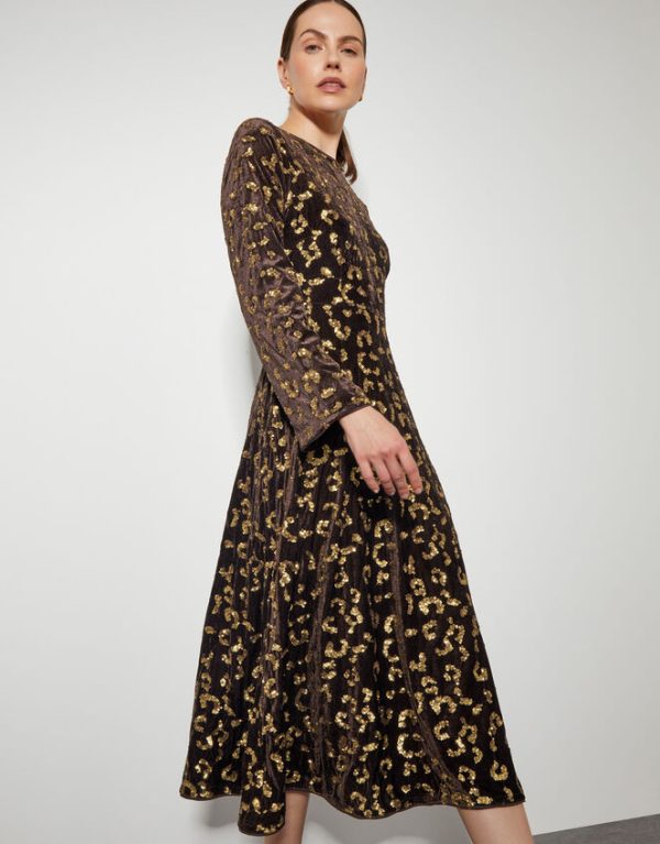 Monsoon Arwen Sequin Leopard Velvet Midi Dress Brown - Image 2