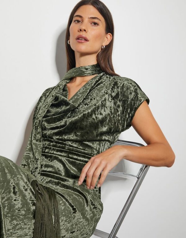 Monsoon Cece Crushed Velvet Cowl Midi Dress Green - Image 2