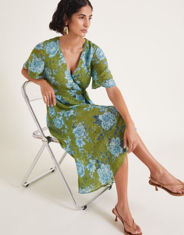 Monsoon Eva Floral Wrap Midi Dress Green - Image 2