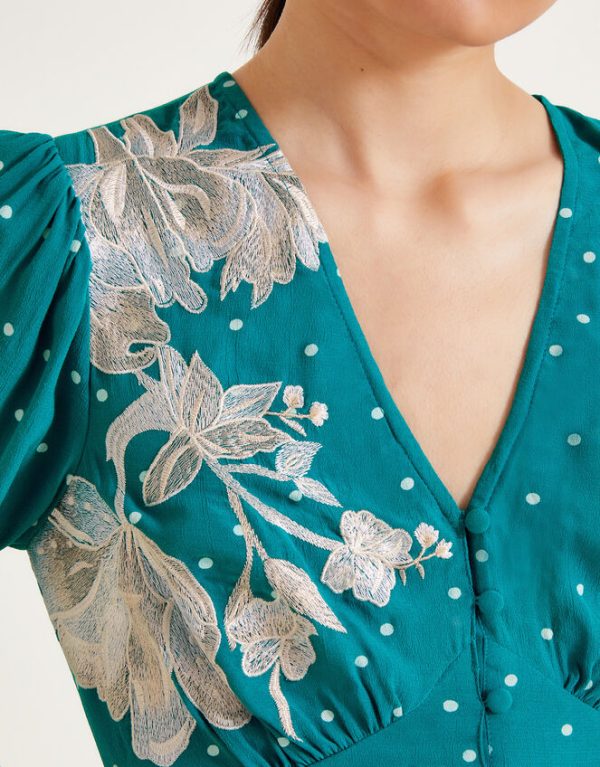 Monsoon Clea Spot Print Embroidered Dress Teal - Image 2