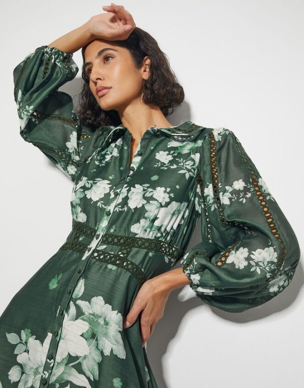 Monsoon Amari Floral Midi Shirt Dress Green - Image 2