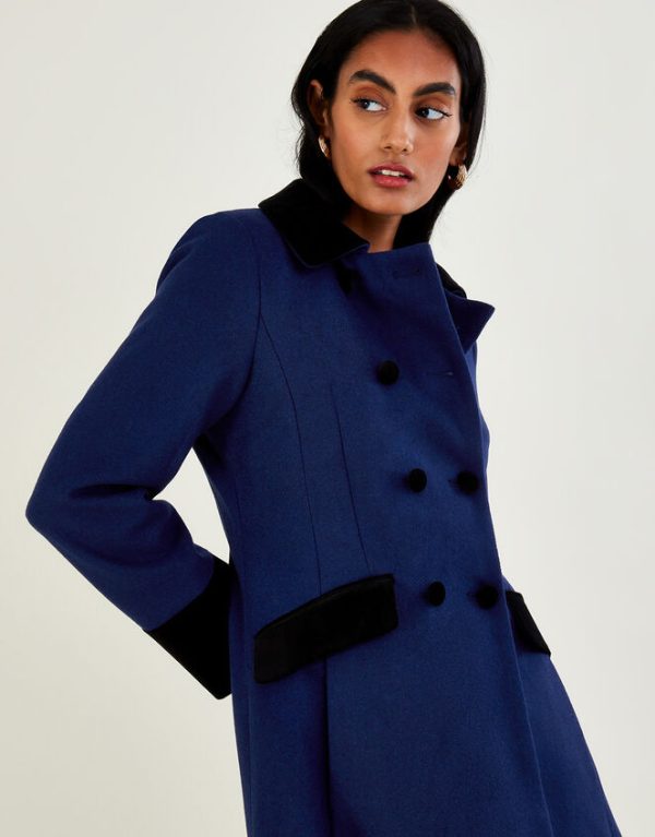 Monsoon Velvet Trim Skirted Coat Blue - Image 2