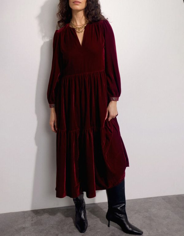 Monsoon East Velvet Tiered Dress Red - Image 2