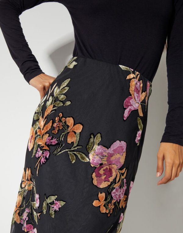 Monsoon Ariella Floral Devore Midi Skirt Black - Image 3