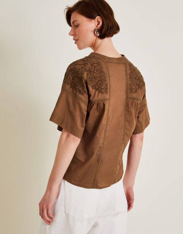 Monsoon Aerin Embroidered Short Sleeve Blouse Brown - Image 3