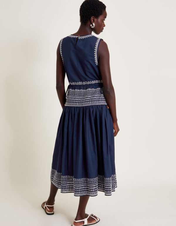 Monsoon Erin Sleeveless Broderie Midi Dress Blue - Image 3