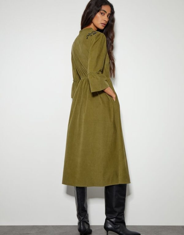 Monsoon Edith Embroidered Corduroy Midi Dress Green - Image 3