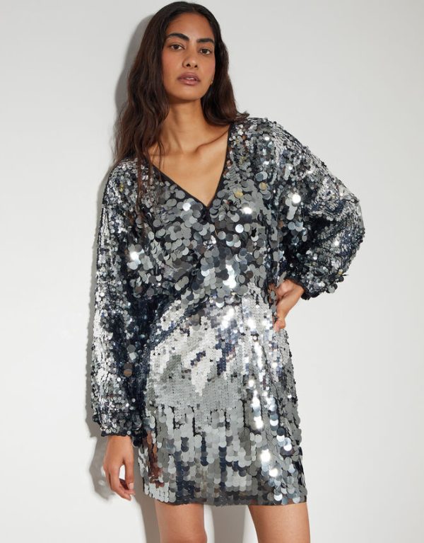 Monsoon Dina Dolman Sequin Mini Dress Silver - Image 3