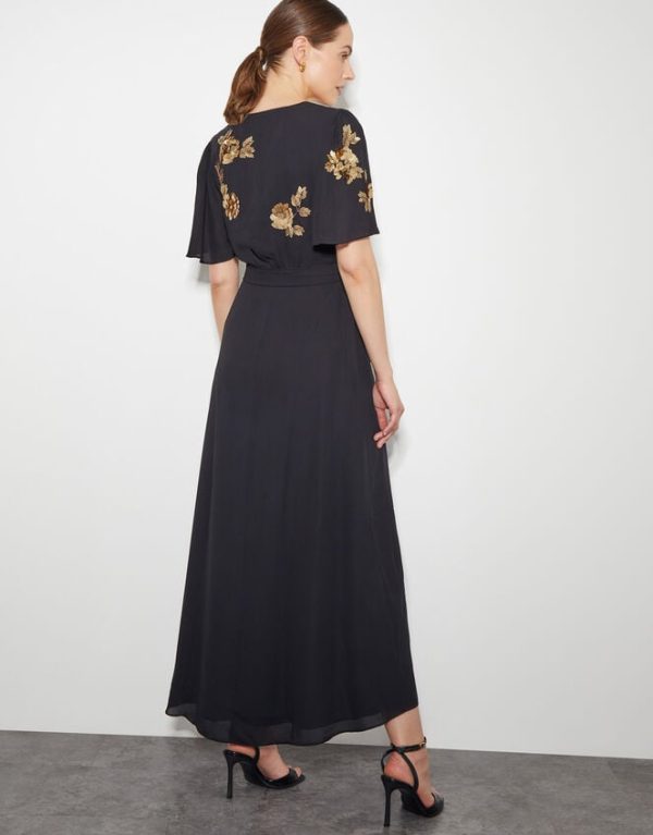 Monsoon Sarah Sequin Floral Midi Wrap Dress Black - Image 3