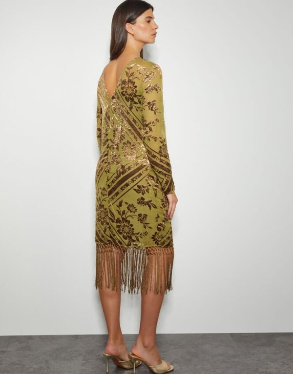 Monsoon Darcy Devore Fringe Dress Yellow - Image 3