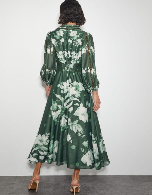 Monsoon Amari Floral Midi Shirt Dress Green - Image 3