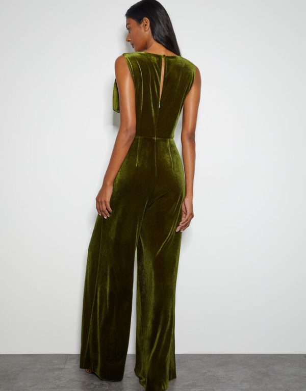 Monsoon Monsoon x Sarah Corbett-Winder Satin Bow Velvet Jumpsuit Green - Image 3