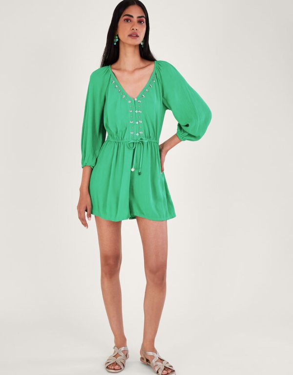 Monsoon Long Sleeve Embellished Romper Green - Image 2