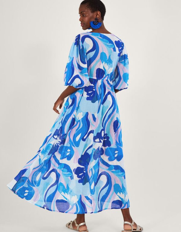 Monsoon Swirl Print Puff Sleeve Maxi Dress Blue - Image 3