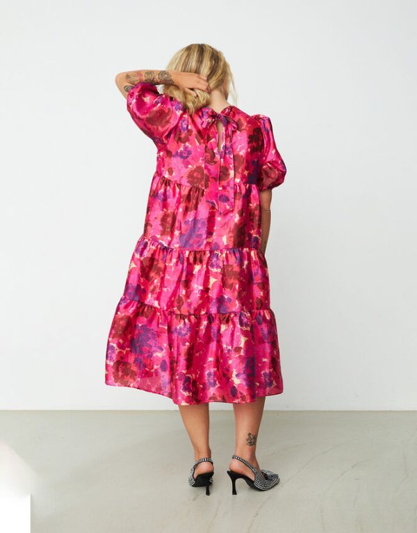 Monsoon Crās Puff Sleeve Floral Tiered Midi Dress Pink - Image 4