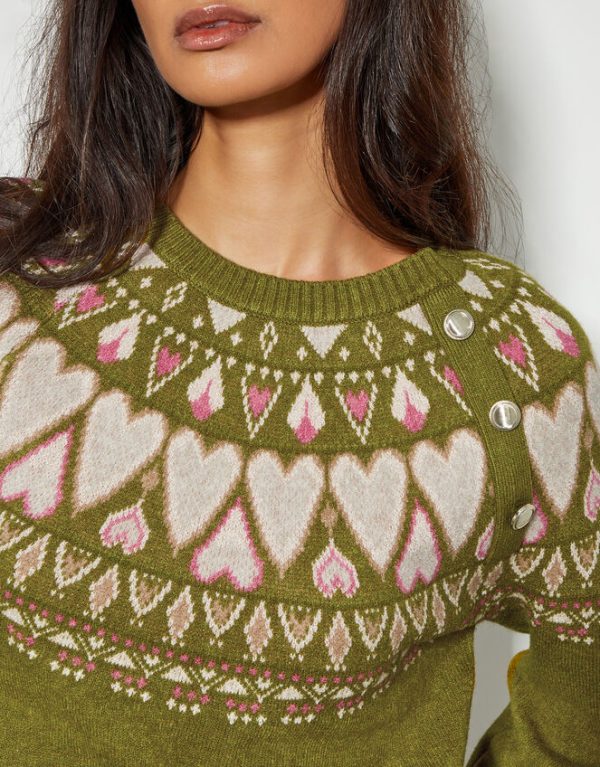 Monsoon Paula Heart Fair Isle Knit Jumper Green - Image 4