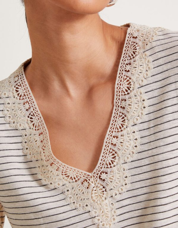 Monsoon Shay Stripe Lace T-Shirt Ivory - Image 4