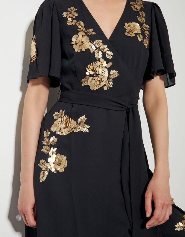 Monsoon Sarah Sequin Floral Midi Wrap Dress Black - Image 4