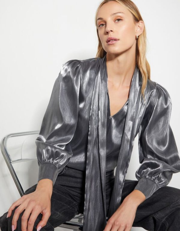 Monsoon Orla Organza Pussybow Blouse Silver - Image 4