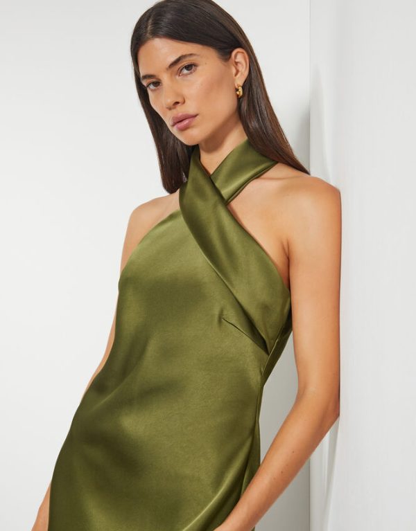 Monsoon Jodie Halter Satin Maxi Dress Green - Image 4