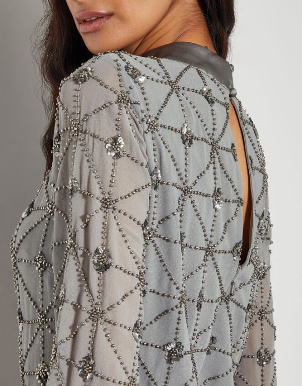 Monsoon Adele Hand-Beaded Long Sleeve Mini Dress Grey - Image 4