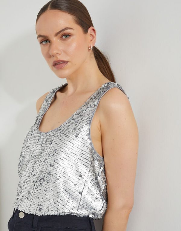 Monsoon Gabrielle Sequin Embellished Cami Top Silver - Image 3