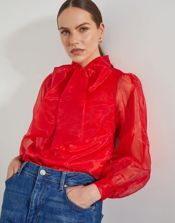 Monsoon Rosa Organza Pussybow Blouse Red - Image 4