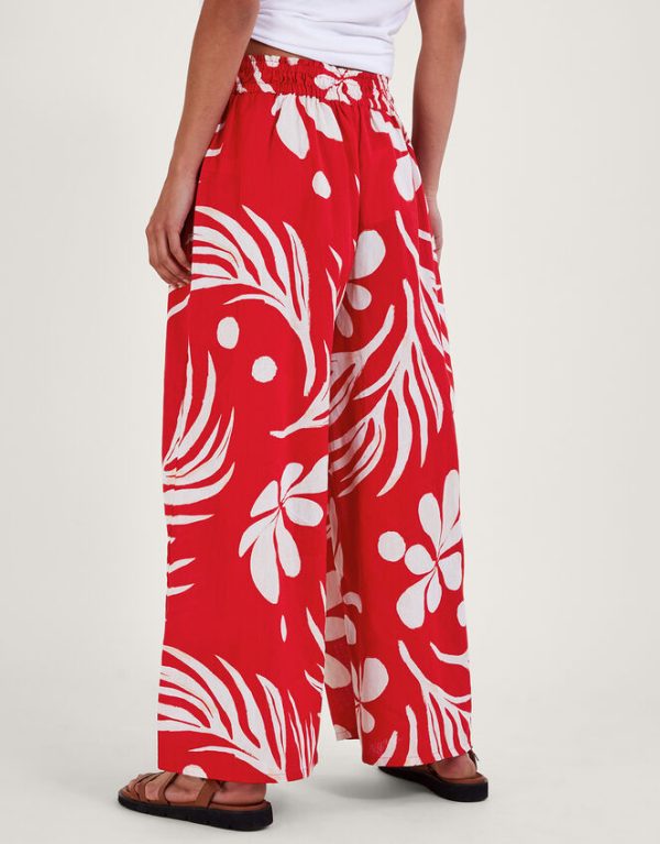 Monsoon Wide Leg Palm Print Trousers Red - Image 3