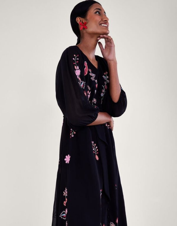 Monsoon Tina Embroidered Wrap Dress Black - Image 3