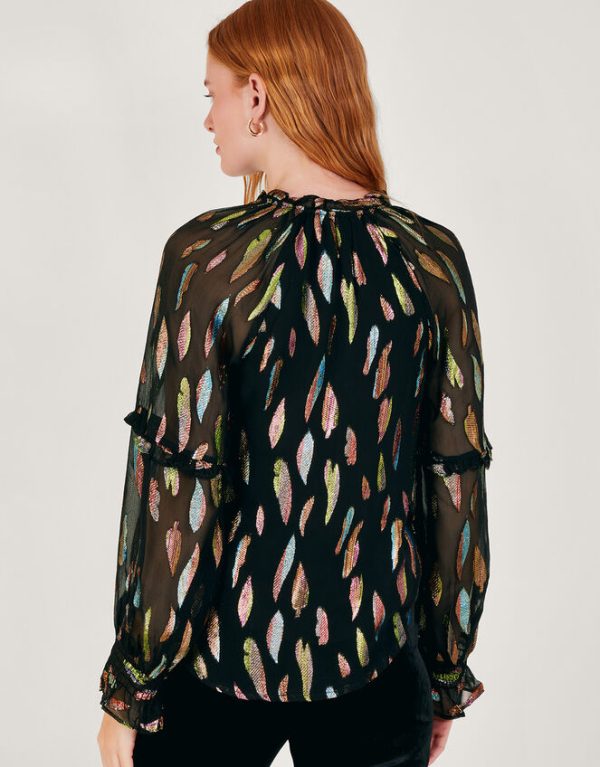 Monsoon Fenna Sheer Feather Print Shirt Black - Image 3