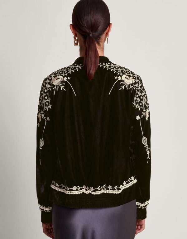 Monsoon Hadley Embroidered Velvet Bomber Jacket Black - Image 3