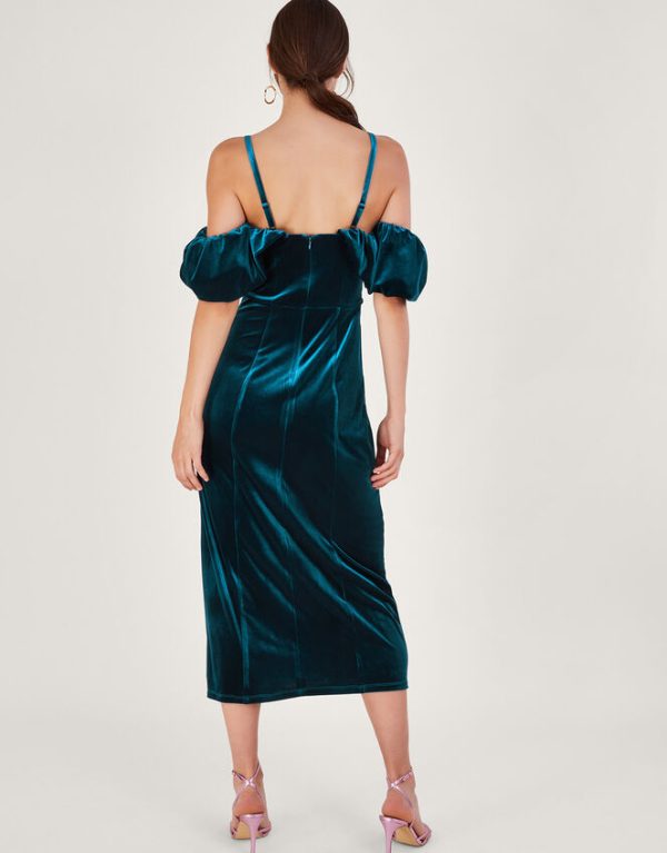 Monsoon Agatha Velvet Bardot Dress Teal - Image 3