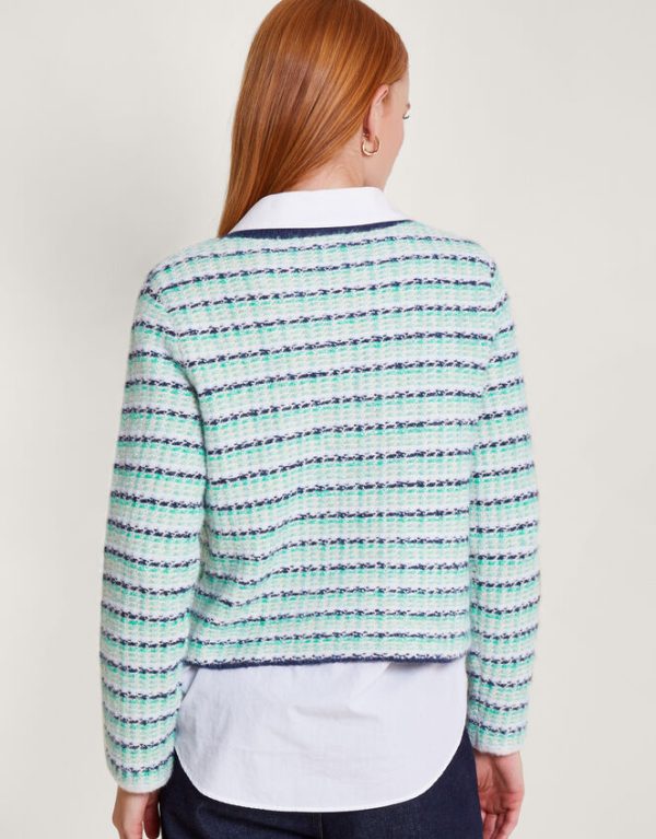 Monsoon Round Neck Stripe Cardigan Green - Image 3