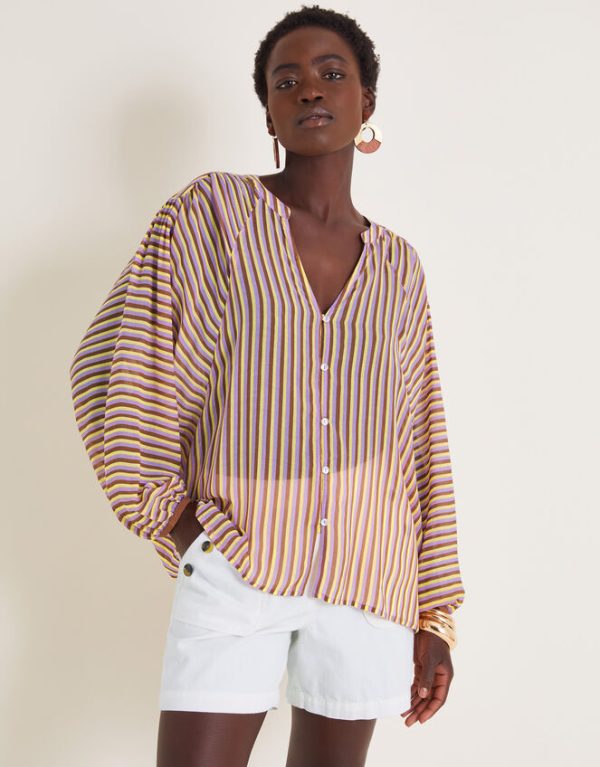 Monsoon Yazmin Artisan Sheer Stripe Blouse Brown - Image 5