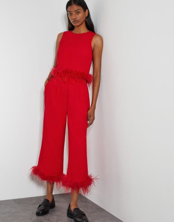 Monsoon Monsoon x Sarah Corbett-Winder Feather Trim Crop Top Red - Image 5