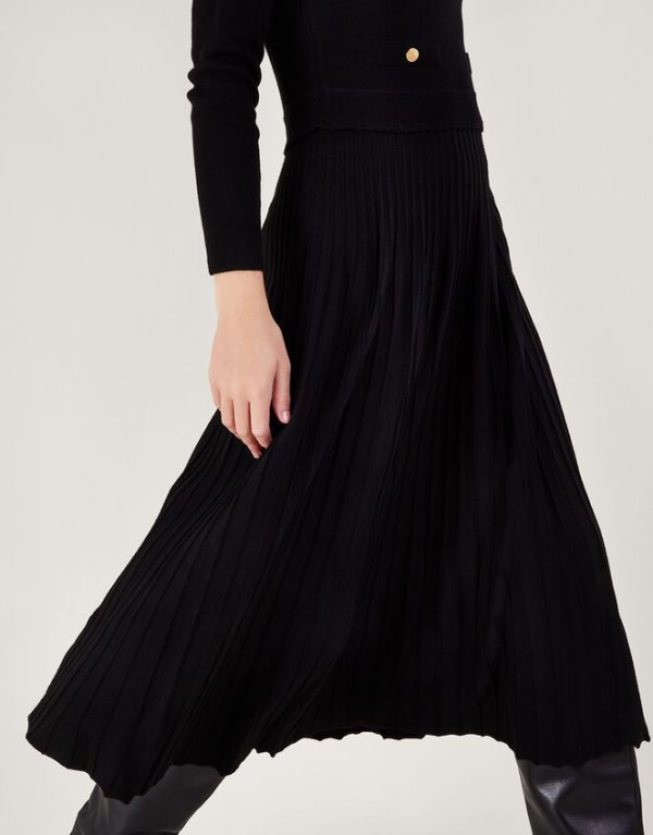 Monsoon Pleat Trim Slash Neck Midi Dress with Lenzing™ Ecovero™Black - Image 4