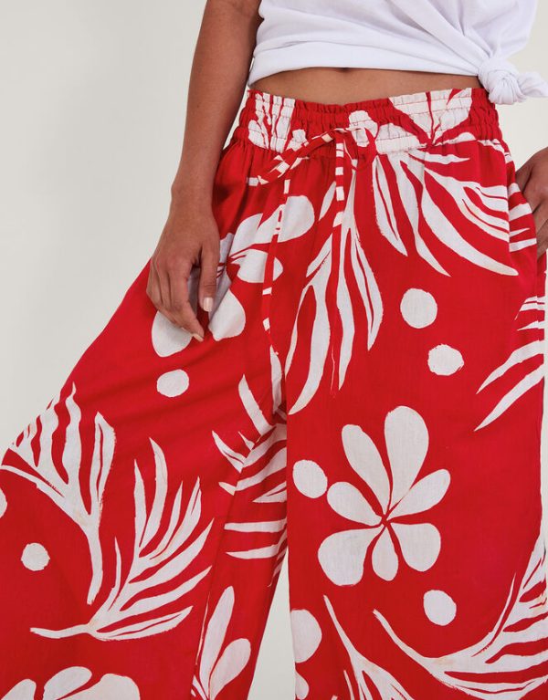 Monsoon Wide Leg Palm Print Trousers Red - Image 4