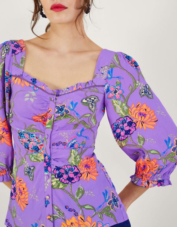 Monsoon Regina Print Puff Sleeve Top Purple - Image 4