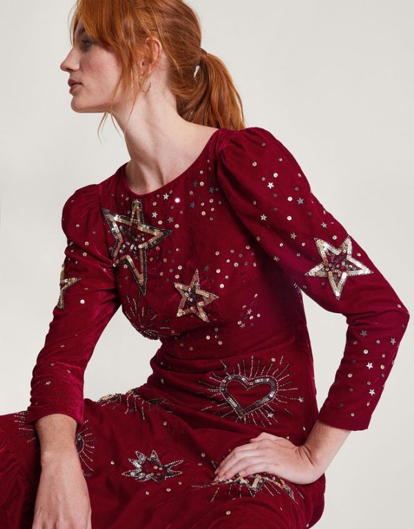 Monsoon Kata Embellished Velvet Dress Red - Image 4