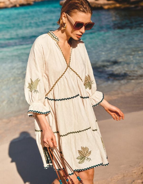 Monsoon Lila Leaf Embroidered Dress Ivory