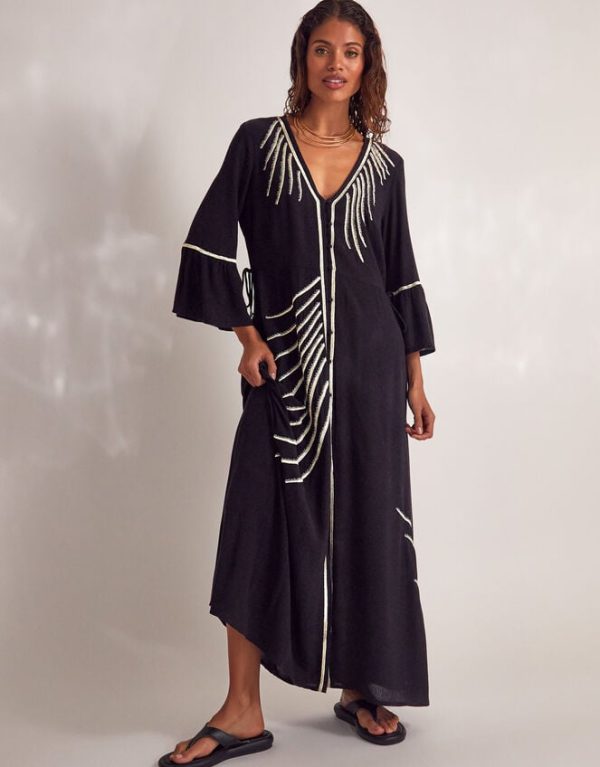 Monsoon Cali Embroidered Leaf Kaftan Dress Black