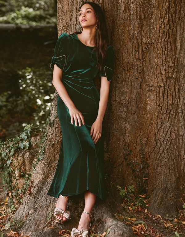 Monsoon Belle Velvet Bow Dress Green