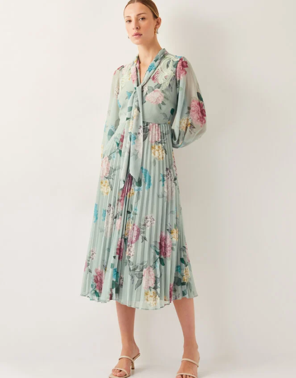 Monsoon Agnes floral pleated midi dress green